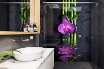 Panel szklany do łazienki Relaksujący Zen - orchidea, kamienie i bambus nad wodą 93018 Naklejkomania - zdjecie 1 - miniatura