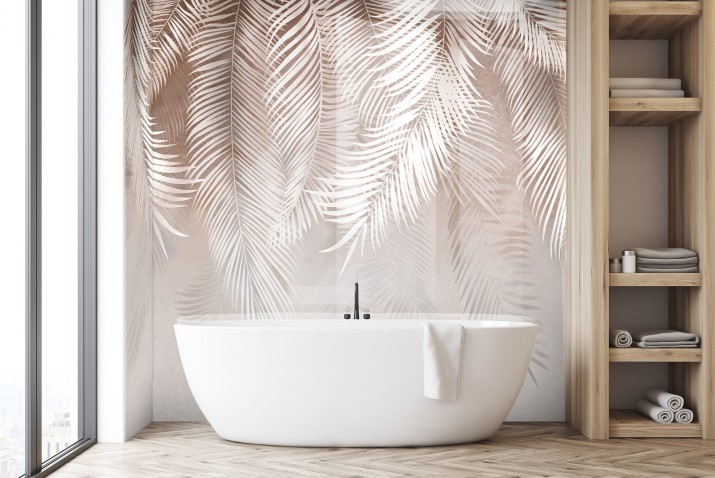 Panel szklany do łazienki Beżowe liście - delikatne tropikalne rośliny w stylu boho 93037