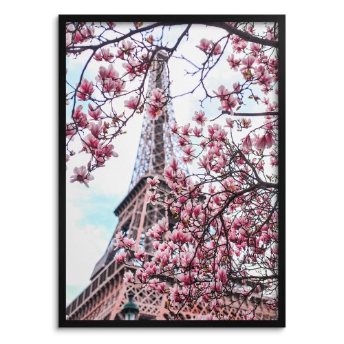 Plakat na ścianę poster z pięknym widokiem na kwiaty wiśni i w tle wieży Eiffla 61486 Naklejkomania - zdjecie 1