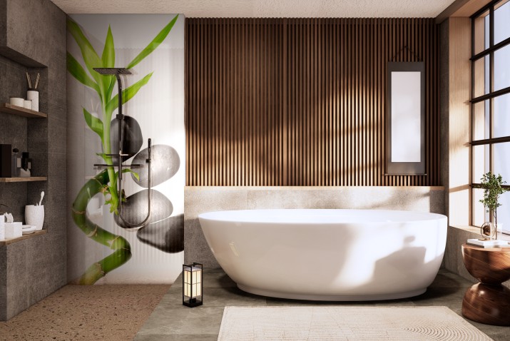 Panel szklany do łazienki Naturalna ozdoba - zielony bambus i kamienie 93023