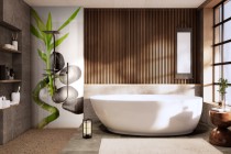 Panel szklany do łazienki Naturalna ozdoba - zielony bambus i kamienie 93023 Naklejkomania - zdjecie 1 - miniatura