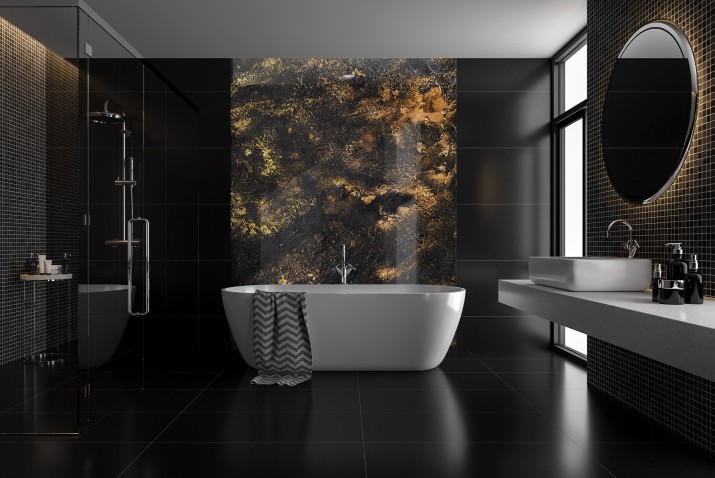 Panel szklany do łazienki Tekstura ciemnej ściany ze złotem 93027