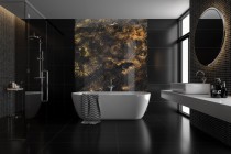 Panel szklany do łazienki Tekstura ciemnej ściany ze złotem 93027 Naklejkomania - zdjecie 1 - miniatura
