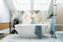 Panel szklany do łazienki Elegancka geometryczna abstrakcja marmurowa ze złotem i szarościami 93034 Naklejkomania - zdjecie 1 - miniatura