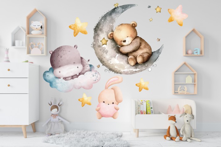 Naklejki dla dzieci na ścianę Pastelowe sny - hipopotam, miś, króliczek 32326 Naklejkomania - zdjecie 1