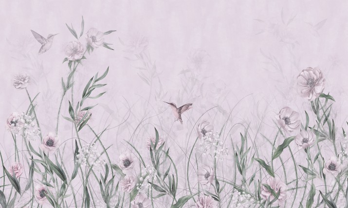 Fototapeta dla dziewczynki Łąka w pastelowym różu z kolibrami 21266 - zdjęcie 2