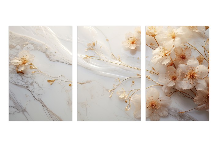 Delikatny tryptyk Białe kwiaty w sepii 32444