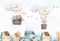Fototapeta dla dzieci W chmurach - zwierzątka w balonikach nad miastem 21261 Naklejkomania - zdjecie 2 - miniatura