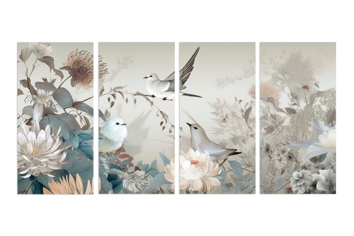 Czteroczęściowy obraz Ptaki wśród kwiatów 32539