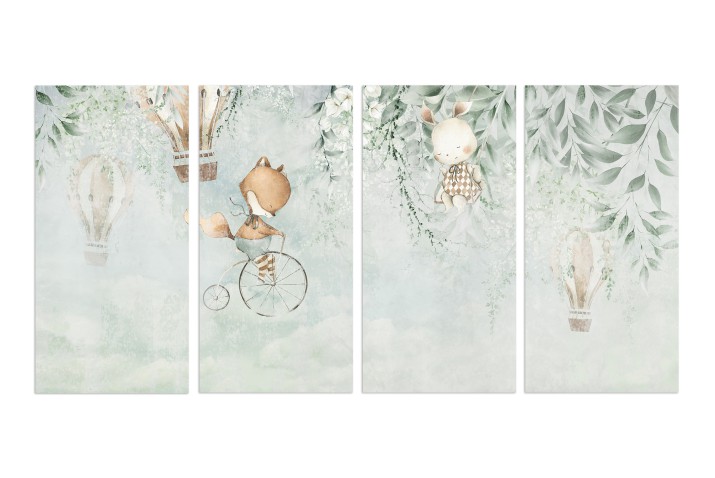 Dziecięca, czteroczęściowa kompozycja obrazów Króliczek, lisek i balony wśród kwiatów 32542 Naklejkomania - zdjecie 1