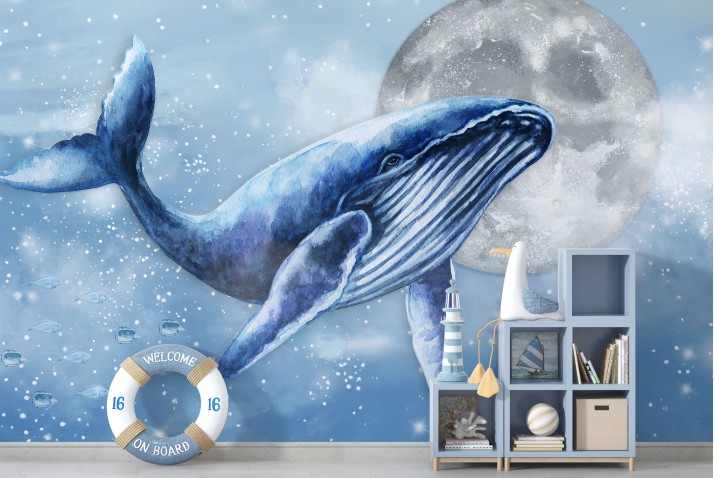 Fantastyczna fototapeta dla dzieci Wieloryb, ławica ryb i księżyc 21269