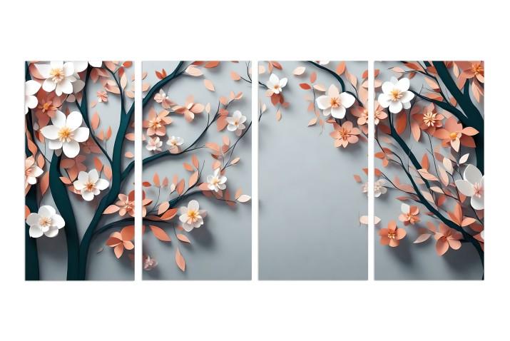 Czteroczęściowy obraz Papierowe drzewa z białymi i różowymi kwiatami 32562 Naklejkomania - zdjecie 1