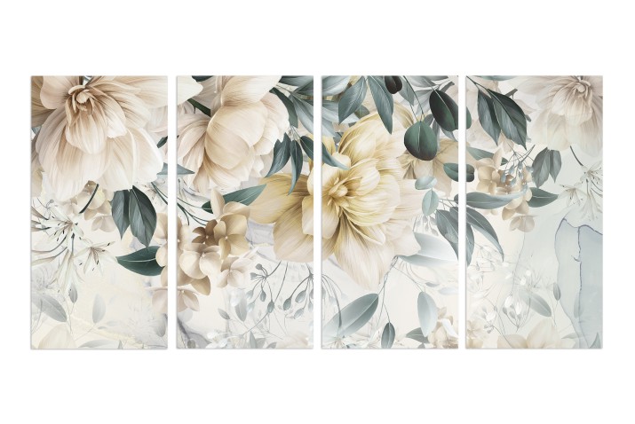 Czteroczęściowa kompozycja obrazów Kremowe i waniliowe kwiaty 32534