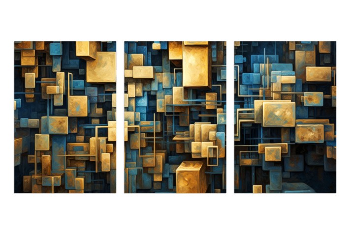 Tryptyk z abstrakcyjnym wzorem w złocie i błękicie - Kwadratowe szaleństwo 32445
