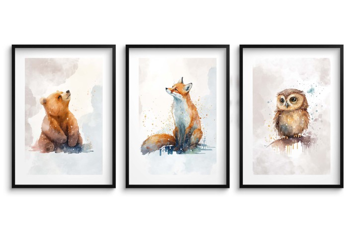 Akwarelowe plakaty dziecięce Bajkowe zwierzątka: Niedźwiedź, lis, sówka kd077