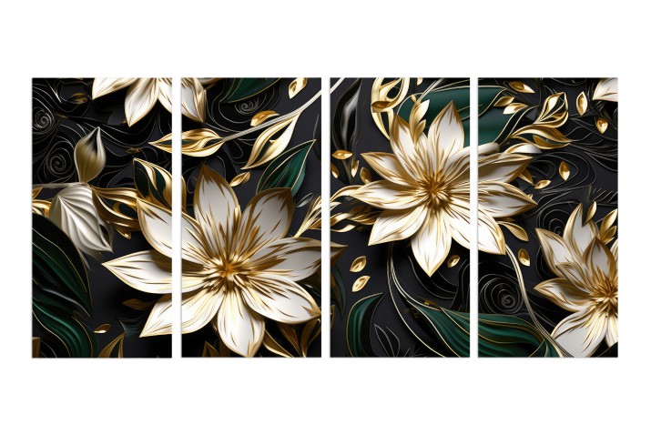 Czteroczęściowy obraz Białe kwiaty ze złotem 32515 Naklejkomania - zdjecie 1