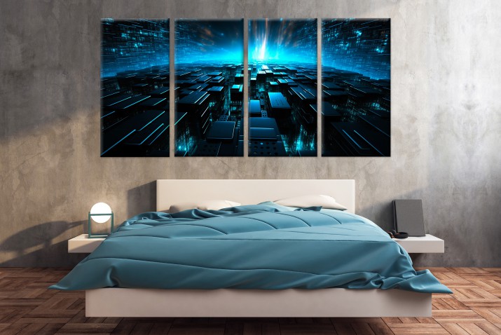Czteroczęściowy obraz Modernistyczna abstrakcja w czerni i niebieskim 32563 - zdjęcie 2