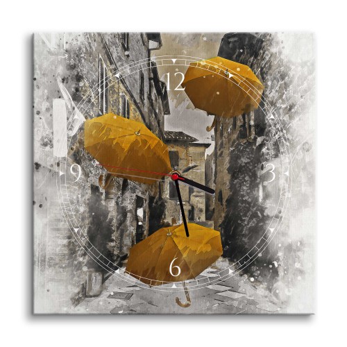 Zegar z obrazem Żółte parasolki w miejskiej uliczce 25308 Naklejkomania - zdjecie 1