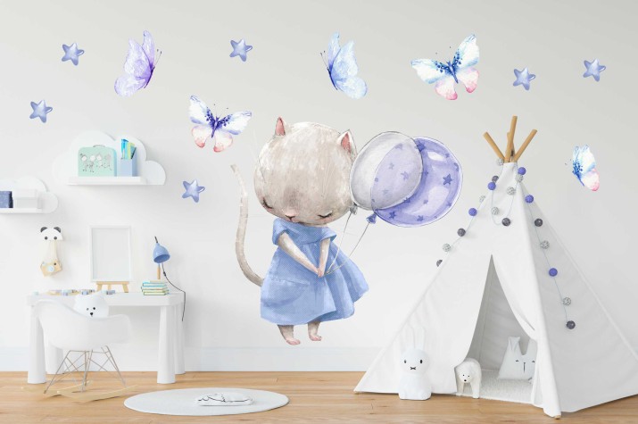 Naklejki na ścianę do pokoju dziecięcego Nieśmiały kotek z balonikami i motylkami 22074