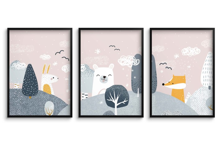 Pastelowe plakaty do pokoju dziecięcego Animowana kraina: miś, króliczek, lisek kd078