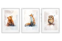 Akwarelowe plakaty dziecięce Bajkowe zwierzątka: Niedźwiedź, lis, sówka kd077 Naklejkomania - zdjecie 2 - miniatura