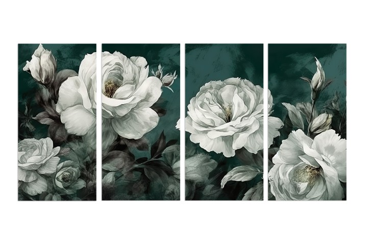 Czteroczęściowy obraz Białe róże na ciemnym tle 32538 Naklejkomania - zdjecie 1