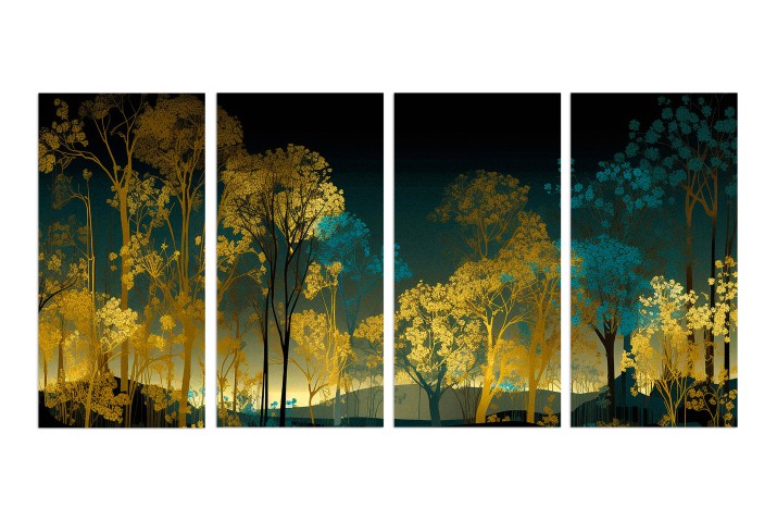 Czteroczęściowy obraz Fantastyczny las złota i błękitu 32532