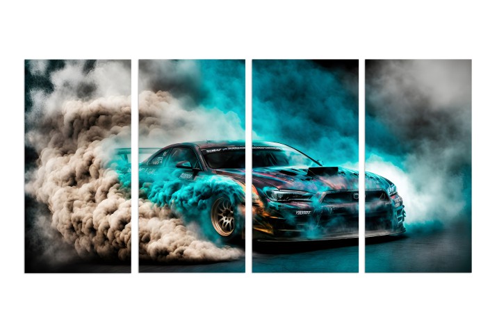 Czteroczęściowy obraz Samochód w kolorowym dymie 32512