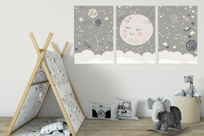 Tryptyk do pokoju dziecięcego Urokliwy kosmos w beżu 32446 - zdjęcie 2