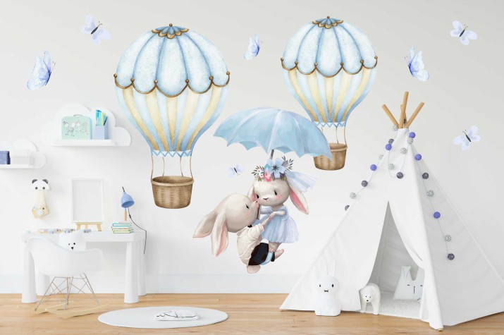 Naklejki dla dzieci na ścianę Zakochane króliczki wśród błękitnych motylków i balonów 22075
