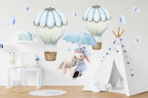 Naklejki dla dzieci na ścianę Zakochane króliczki wśród błękitnych motylków i balonów 22075 Naklejkomania - zdjecie 1 - miniatura