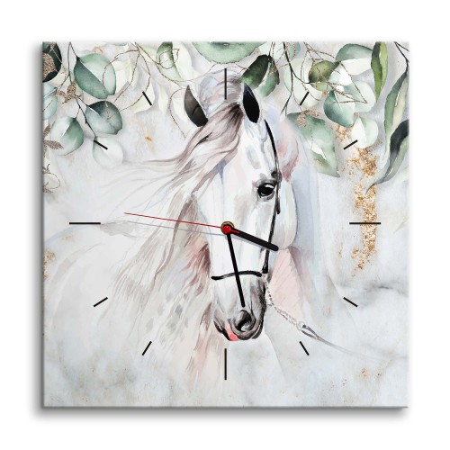 Zegar z obrazem Akwarelowy koń z zielenią i złotem 25316 Naklejkomania - zdjecie 1