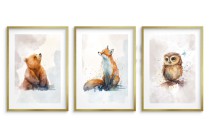 Akwarelowe plakaty dziecięce Bajkowe zwierzątka: Niedźwiedź, lis, sówka kd077 Naklejkomania - zdjecie 3 - miniatura