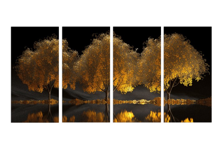 Czteroczęściowy obraz Złote drzewa w mroku 32531