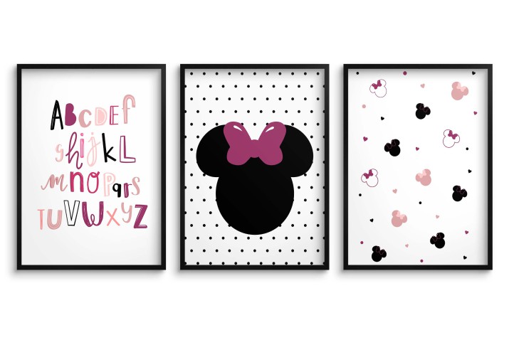 Nowoczesne plakaty dla dziewczynki Alfabet i różowo czarne myszki kd080