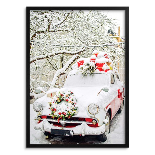 Świąteczny plakat Retro auto przykryte śniegiem  61682