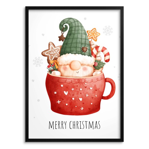 Świąteczny, uroczy plakat Merry Christmas - kubek ze skrzatem i słodyczami 61652 Naklejkomania - zdjecie 1