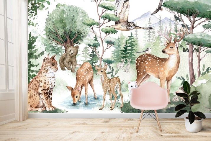 Fototapeta do pokoju dziecięcego Las - malowane zwierzątka, drzewa i góry 32664
