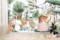 Fototapeta do pokoju dziecięcego Las - malowane zwierzątka, drzewa i góry 32664 Naklejkomania - zdjecie 1 - miniatura