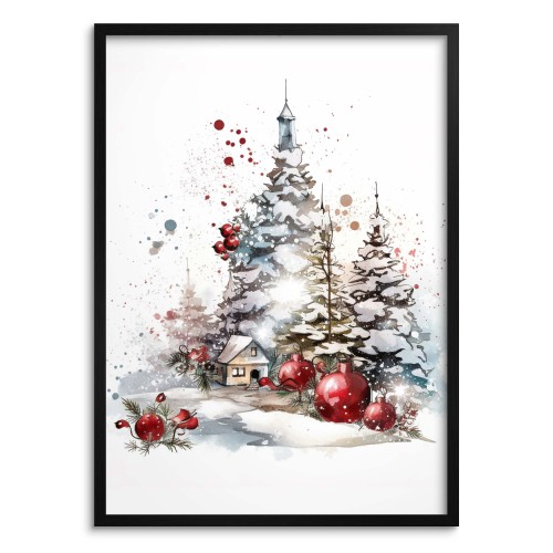 Świąteczny plakat Choinki, bombki i domek w śniegu 61644