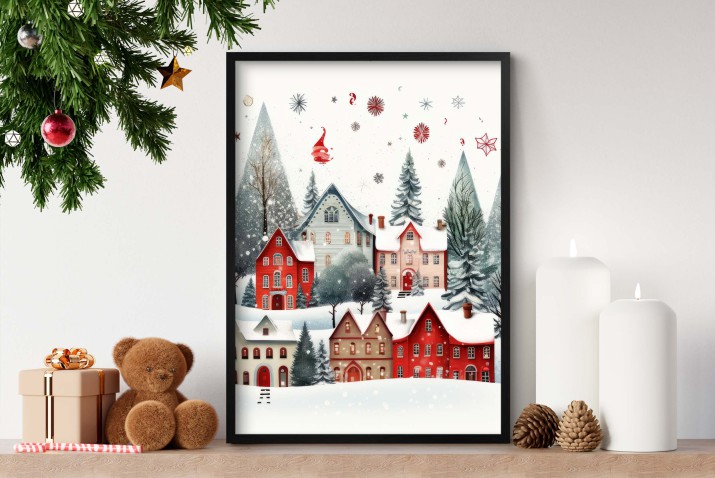 Kolorowy, zimowy plakat Miasteczko i świąteczne dekoracje 61666 - zdjęcie 4