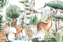 Fototapeta do pokoju dziecięcego Las - malowane zwierzątka, drzewa i góry 32664 Naklejkomania - zdjecie 2 - miniatura