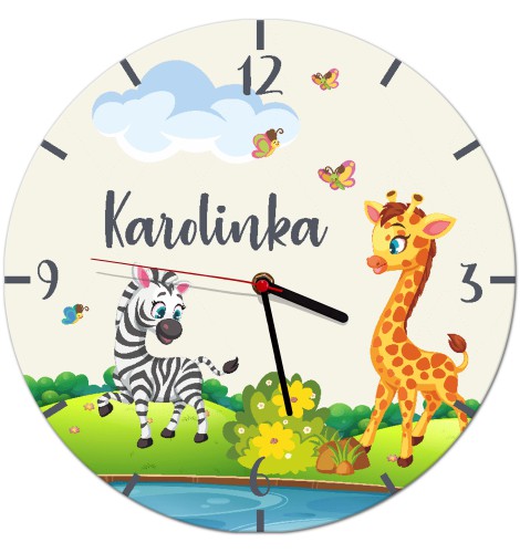 Bajkowy zegar dla dzieci Żyrafa i zebra na łące zd071 Naklejkomania - zdjecie 1