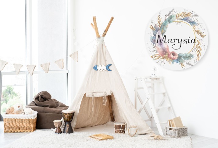 Okrągła tabliczka drewniana z imieniem dziecka na płycie 3D w stylu boho 63915 - zdjęcie 2