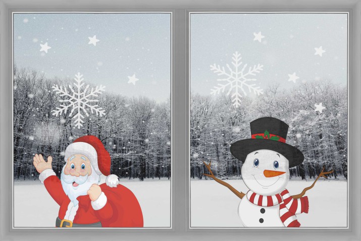 Naklejka bożonarodzeniowa na okno drukowana na folii bezbarwnej 22004, Mikołaj, bałwanek Naklejkomania - zdjecie 1