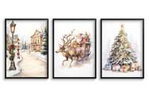 Świąteczne plakaty w beżowej tonacji Mikołaj, choinka i miasto KP382 Naklejkomania - zdjecie 1 - miniatura