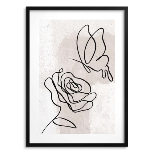 Subtelny plakat Róża i motyl - Linie na beżowym tle 61632 Naklejkomania - zdjecie 1