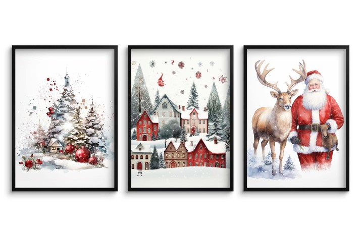 WYPRZEDAŻ 50X70 Zestaw trzech świątecznych plakatów Mikołaj i zimowe widoki KP380