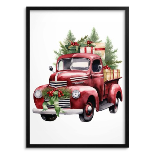 Malowany, świąteczny plakat Samochód z prezentami i choinkami 61675