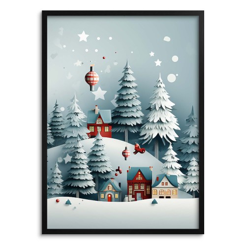 Zimowy plakat dla dzieci Świąteczne miasteczko w lesie 61677 Naklejkomania - zdjecie 1